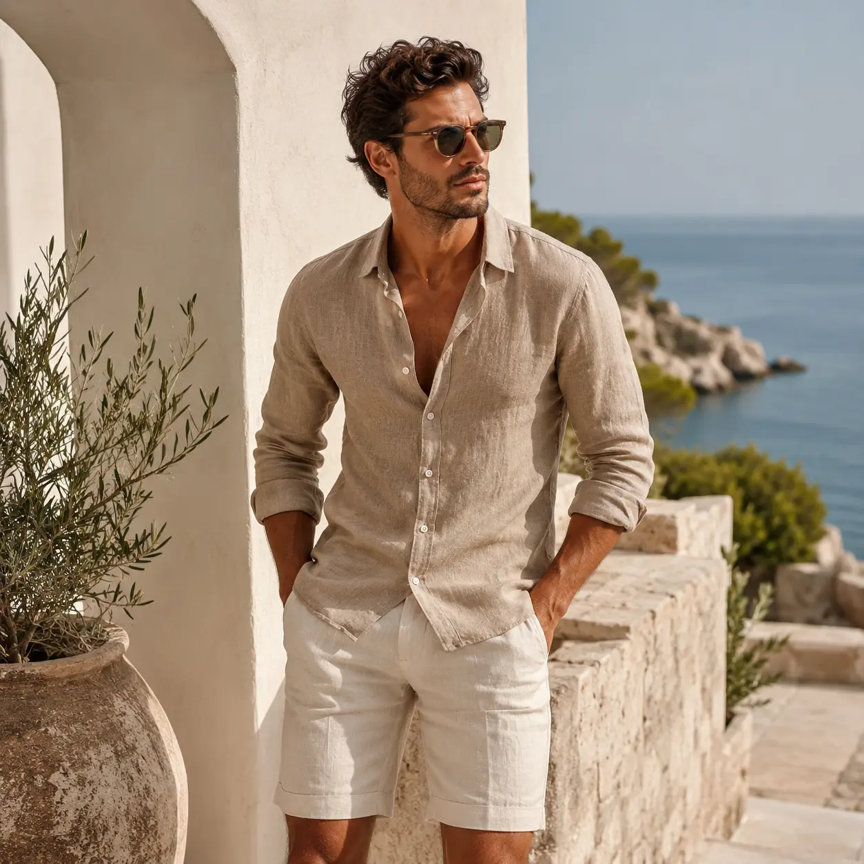 Male model with hair wearing a premium linen resort outfit